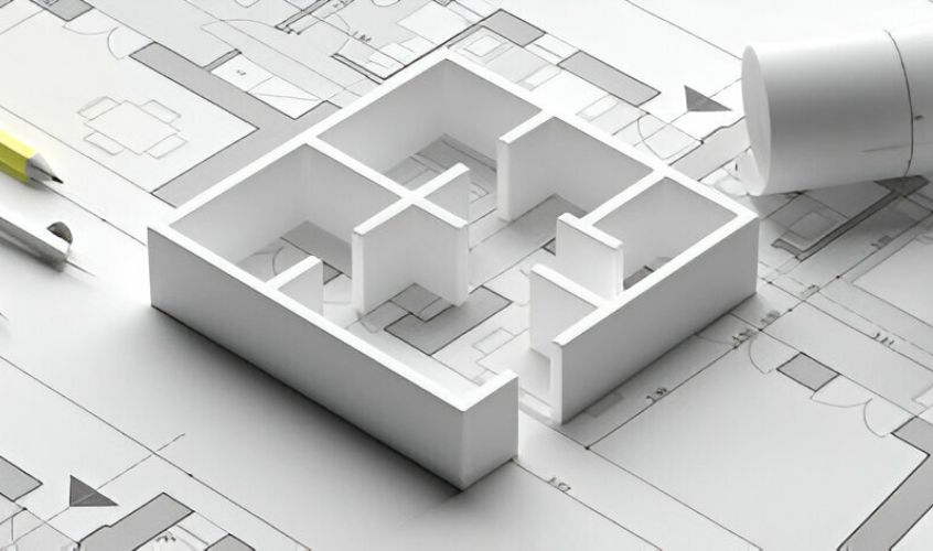 Foto de portada utilizada para el blog - razones para elegir una constructora especializada en viviendas en la que se un plano con una estructura de una casa en 3D