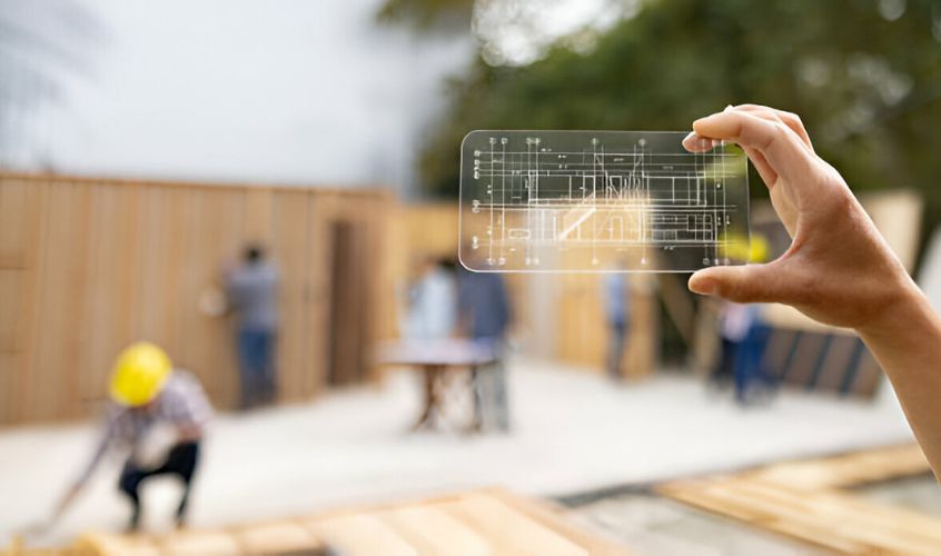 Foto de portada utilizada para el blog - innovaciones en materiales de construcción en la que se ve una obra proyectada en 3D en un dispositivo móvil