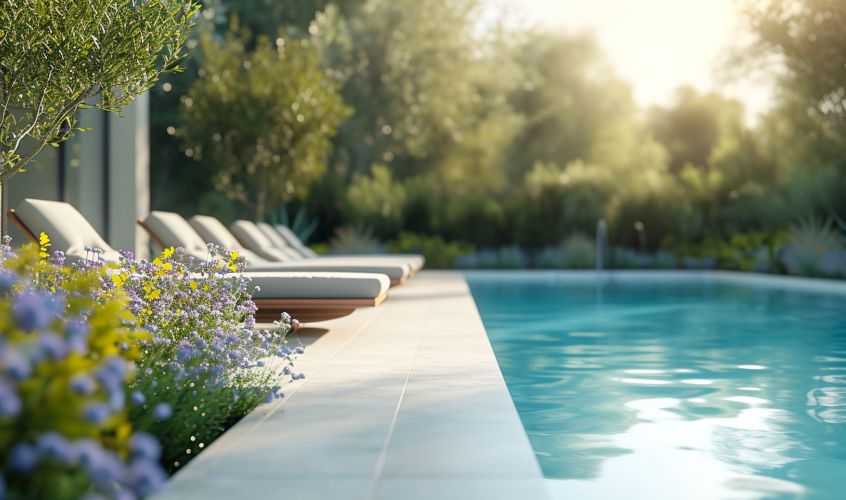 Portada del blog invertir en una cubierta para tu piscina donde se ve una piscina con tumbonas sin cubierta